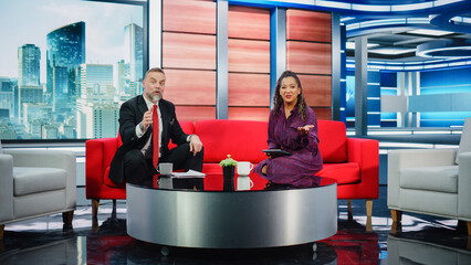 Talk Show TV Program and News Discussion: Two Charismatic Presenters Talk, Have Fun. Cable Channel...