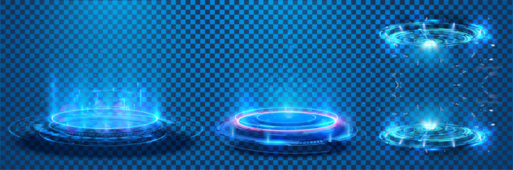 Circle portals, teleport, hologram gadget. Blank display, stage or magic portal, podium for show product in futuristic cyberpunk style. Sky-fi digital hi-tech fui elements for presentation product. 