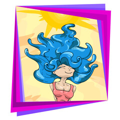 hermosa chica de cabello azul recibiendo aire feliz en un lindo atardecer