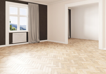 Architecture of a living room. 3d rendering.Empty residential area, without decoration, only walls and window, entrance natural lighting. Parquet natural color. Radiator