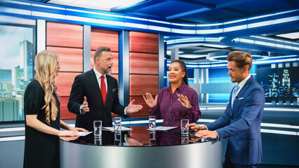 Talk Show TV Program: Four Diverse Specialists, Experts, Guests, Presenter, Host Discuss and Argue about Politics, Economy, Science, News. Mock-up Television Cable Channel Studio Debate