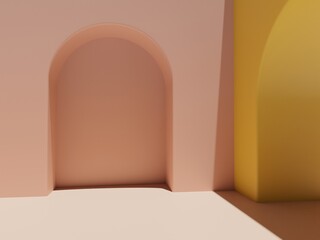 3D Rendering Pastel Pink and Yellow Minimal Geometric or Abstract with Arch Door Product Display Background for Beauty or Fashionable Products.	