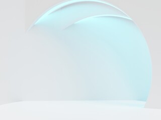 3D Rendering White Room Studio Shot Product Display Background with Geometric Shapes and Blue LED Platforms for Whitening Beauty, Cosmetics, Dental or Health Care Whitening Products. © Yokli