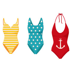 Collection of women's swimwear. Set of fashionable swimsuits. Women's swimsuits for summer vacation.