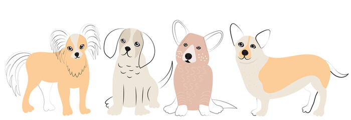 small dogs doodle sketch, outline, isolated, vector