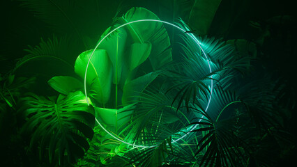 Blue and Green Neon Light with Tropical Plants. Circle shaped Fluorescent Frame in Nature Environment.