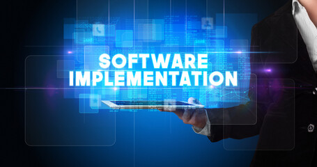 Person holding tablet, technology concept