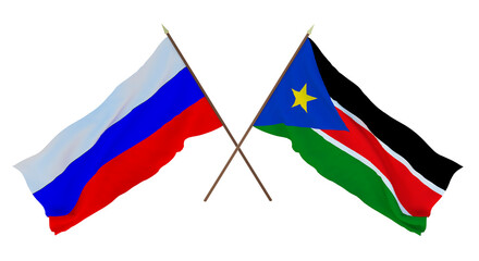 Background for designers, illustrators. National Independence Day. Flags Russia and  South Sudan