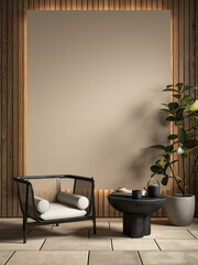 Interior with wall panel, armchair backlight and decor. 3d render illustration mockup.