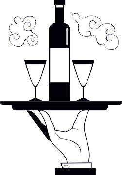 black wine bottle, glasses on tray clip art preview