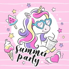 Art. Fashion illustration drawing in modern style for clothes. Cute unicorn. Summer party text. [преобразованный]