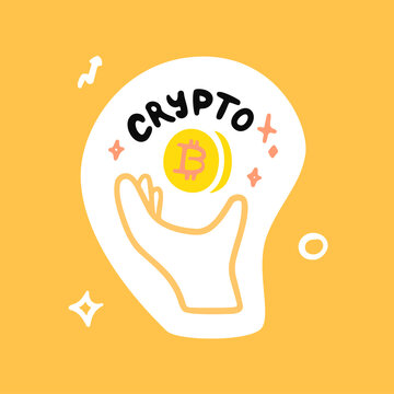 Hand and bitcoin coin with crypto inscription. Vector sticker illustration or icon in hand-drawn style.