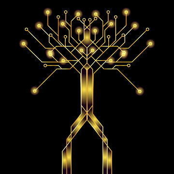 Fancy digital monster made of gold circuit board tracks isolated on black background. Design element.