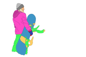 cartoon snowboarder. Young woman or girl on snowboard.