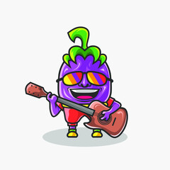 Cute guitarist eggplant character illustration. Simple vegetable vector design. 
