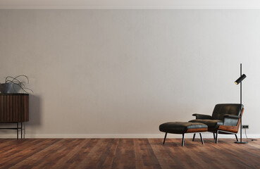 Empty space with basic decorative elements. Armchair and furniture in dark color. Dark parquet flooring that contrasts with the plain white wall.
