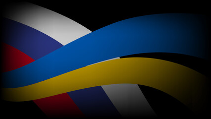Ukrainian and Russian flags intertwined on black background. The Ukrainian flag is torn.