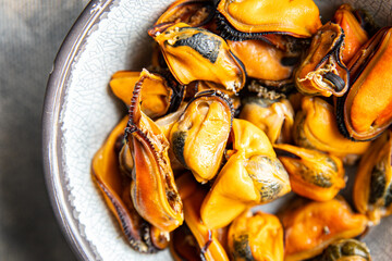 mussels seafood fresh healthy meal food snack diet on the table copy space food background rustic top view keto or paleo diet  vegetarian food pescatarian diet