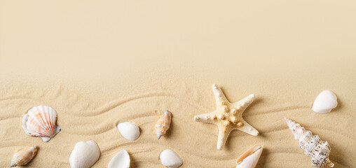 Summer vacation and beauty sand mock up with shell, starfish and sand on beige background, - obrazy, fototapety, plakaty