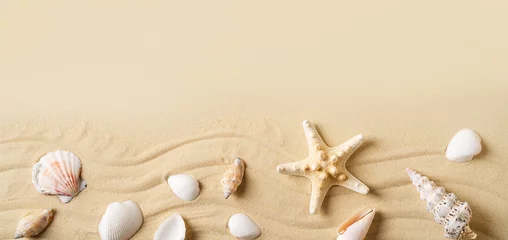 Fotobehang Summer vacation and beauty sand mock up with shell, starfish and sand on beige background, © Denira