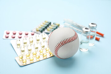 Baseball ball and drugs on light blue background. Doping concept