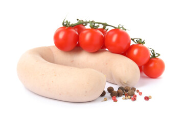 Delicious liverwurst with cherry tomatoes and spices on white background