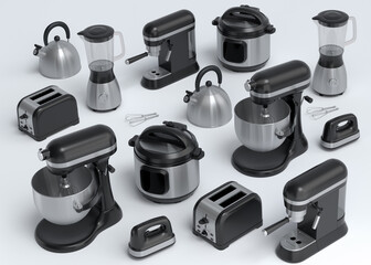 Electric kitchen appliances and utensils for making breakfast on white