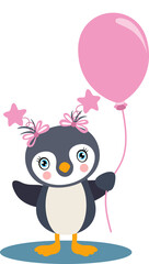 Funny girl penguin holding a balloon