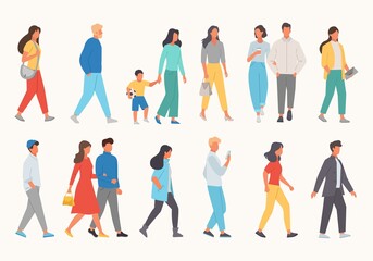 walking people. characters male an female walking crossroad in casual clothes running and moving vector cartoon illustration