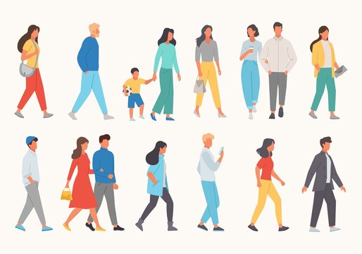 walking people. characters male an female walking crossroad in casual clothes running and moving vector cartoon illustration