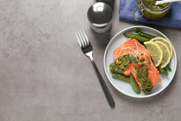 Tasty cooked salmon with pesto sauce served on grey table, flat lay. Space for text
