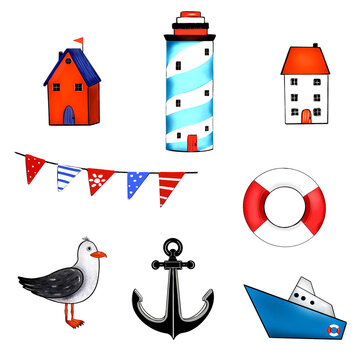 illustration marine set houses lighthouse anchor