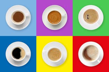 Cups of hot aromatic coffee on different color backgrounds, top view. Collage