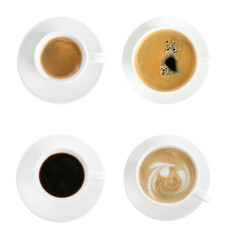 Set with cups of hot aromatic coffee on white background, top view