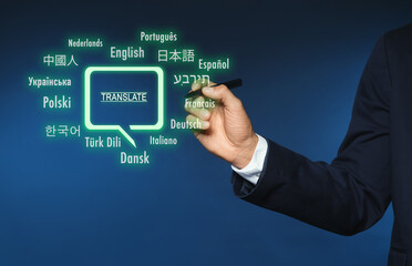 Obraz premium Translator pointing at virtual screen with names of different languages on blue background, closeup