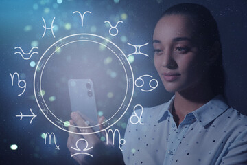 Young woman with smartphone reading daily horoscope. Double exposure