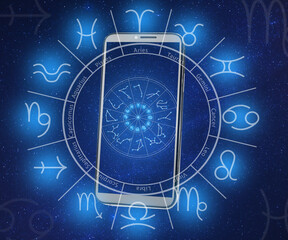Multiple exposure of modern smartphone, night sky and zodiac wheel. Horoscope online