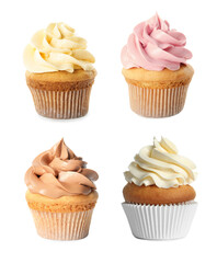 Set of colorful birthday cupcakes on white background