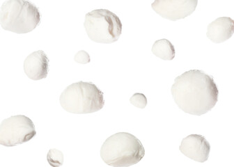 Mozzarella cheese balls falling on white background - obrazy, fototapety, plakaty