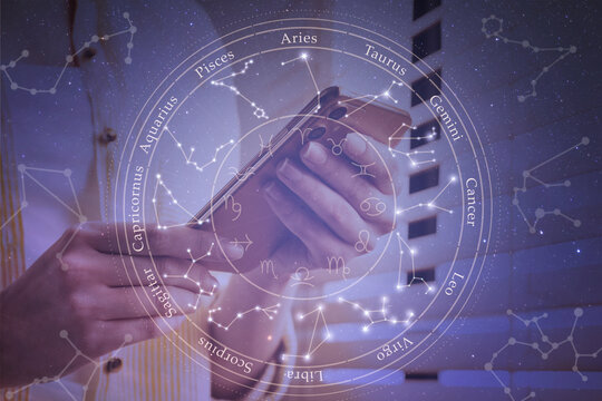 Woman with smartphone reading daily horoscope indoors, closeup. Double exposure