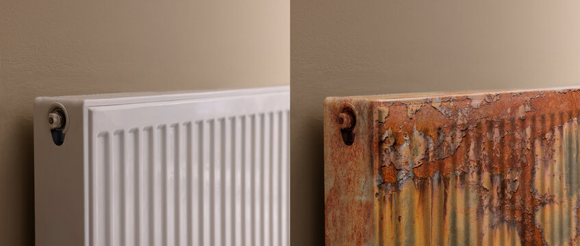 Collage with photos of panel radiator affected by rust and new one on beige wall. Banner design