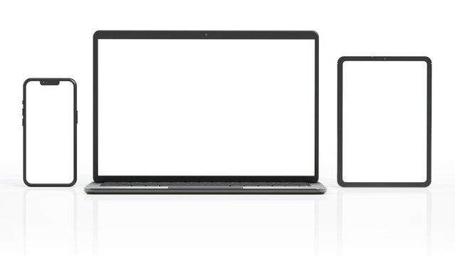 Laptop computer, smartphone and tablet pc isolated on white background. 3D illustration