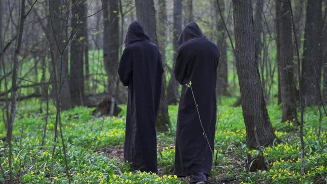 two monks walk through the forest in cloaks