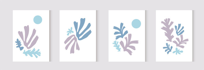 Abstract art set. Floral blue poster. Mid century print. Vector illustration. Matisse wall art. Purple and blue.