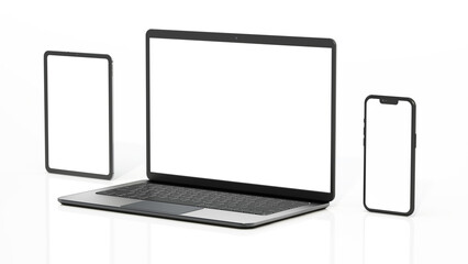Laptop computer, smartphone and tablet pc isolated on white background. 3D illustration