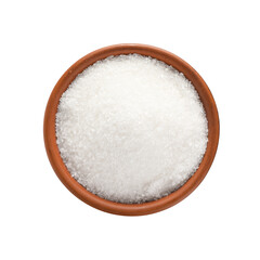 Fototapeta na wymiar Granulated sugar in bowl isolated on white, top view