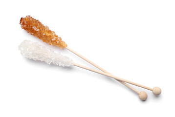Wooden sticks with sugar crystals isolated on white, top view. Tasty rock candies
