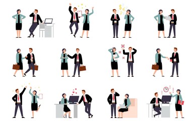 Fototapeta na wymiar Office characters business collaboration. Time management scenes with professional people. Man and woman working together, isolated decent vector kit