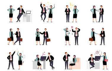 Office characters business collaboration. Time management scenes with professional people. Man and woman working together, isolated decent vector kit