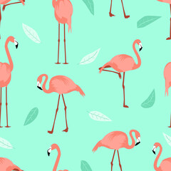 Seamless summer pattern flamingo turquoise foliage background. Exotic wading birds different poses. Side view flamingos for cover kids backdrops nursery wall design textile fabric